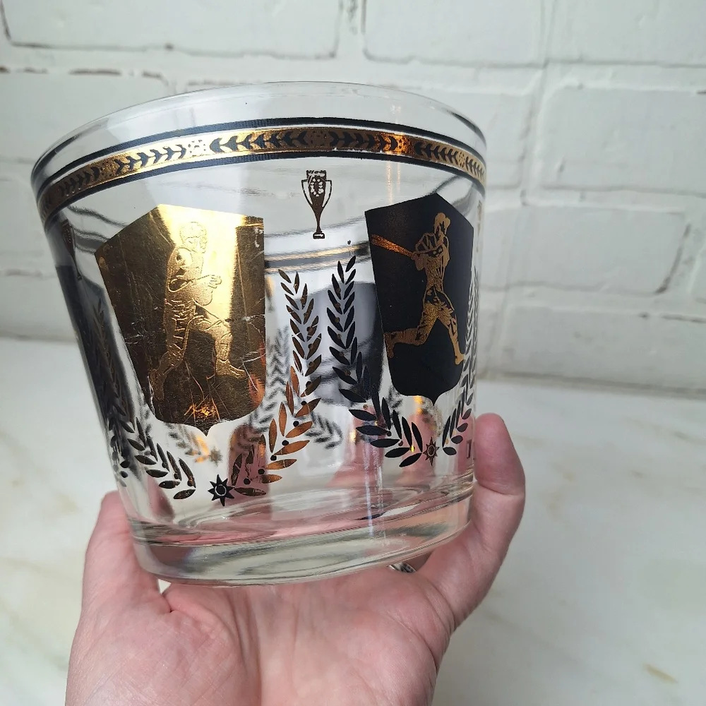 Vintage Glass Ice Bucket Barware 1950’s Sports Theme Black And Gold Trophies